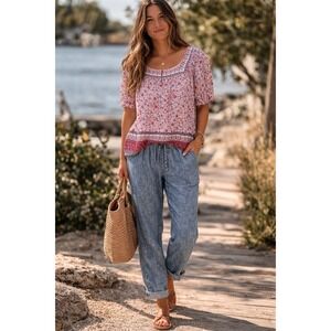 Knox Rose Womens XXL Pink Floral Square Neck Puff Sleeve Top Boho Cottagecore